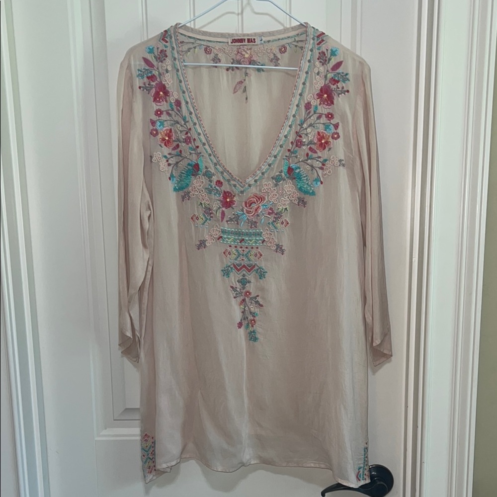 Johnny Was tunic with embellished neckline and 3/4 sleeves